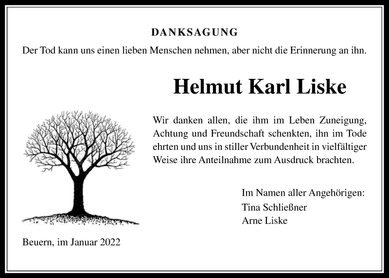  Traueranzeige für Helmut Karl Liske vom 12.01.2022 aus Giessener Allgemeine, Alsfelder Allgemeine