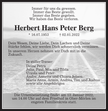 Traueranzeige von Herbert Hans Peter Berg von Wetterauer Zeitung