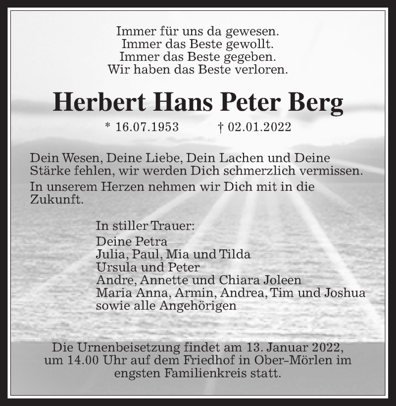  Traueranzeige für Herbert Hans Peter Berg vom 08.01.2022 aus Wetterauer Zeitung