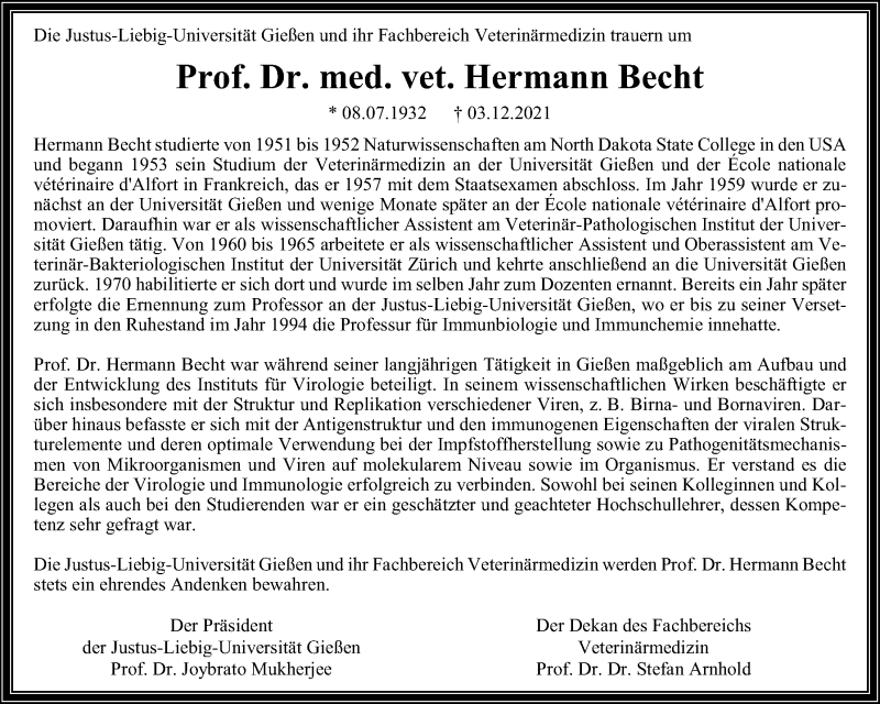  Traueranzeige für Hermann Becht vom 22.01.2022 aus Giessener Anzeiger, Giessener Allgemeine, Alsfelder Allgemeine