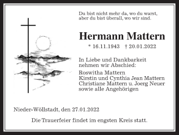 Traueranzeige von Hermann Mattern von Wetterauer Zeitung
