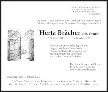 Traueranzeige von Herta Brächer von Wetterauer Zeitung