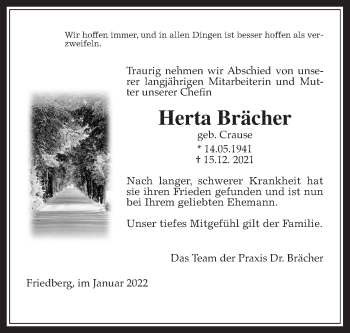 Traueranzeige von Herta Brächer von Wetterauer Zeitung