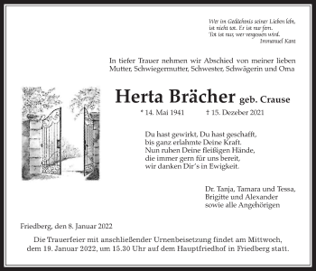 Traueranzeige von Herta Brächer von Wetterauer Zeitung