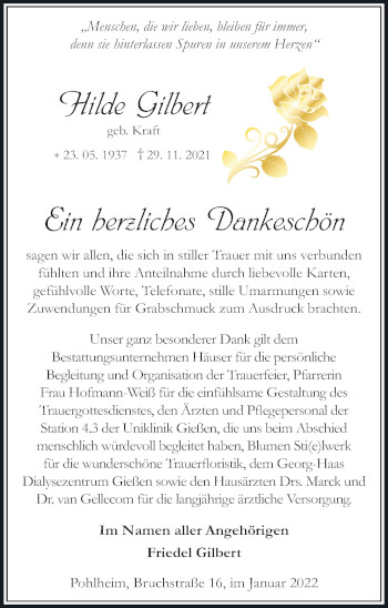 Traueranzeige von Hilde Gilbert von Pohlheimer Nachrichten