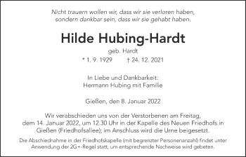 Traueranzeige von Hilde Hubing-Hardt von Giessener Allgemeine, Alsfelder Allgemeine, Giessener Anzeiger