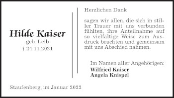 Traueranzeige von Hilde Kaiser von Giessener Allgemeine, Alsfelder Allgemeine, Wetterauer Zeitung