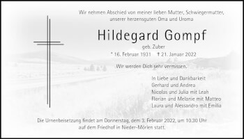 Traueranzeige von Hildegard Gompf von Wetterauer Zeitung