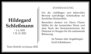 Traueranzeige von Hildegard Schleßmann von Licher Wochenblatt