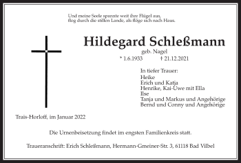 Traueranzeige von Hildegard Schleßmann von Giessener Allgemeine, Alsfelder Allgemeine