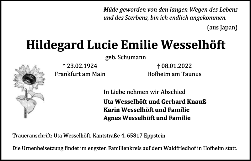  Traueranzeige für Hildegard Lucie Emilie Wesselhöft vom 14.01.2022 aus 
