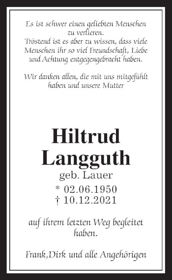 Traueranzeige von Hiltrud Langguth von Wetterauer Zeitung