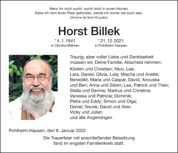 Traueranzeige von Horst Billek von Giessener Allgemeine, Alsfelder Allgemeine, Giessener Anzeiger