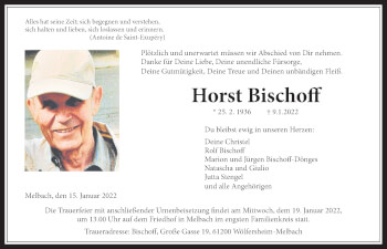 Traueranzeige von Horst Bischoff von Wetterauer Zeitung