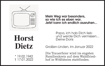 Traueranzeige von Horst Dietz von Wetterauer Zeitung, Giessener Allgemeine, Alsfelder Allgemeine