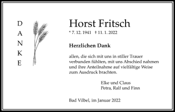 Traueranzeige von Horst Fritsch von Bad Vilbel/Karben
