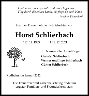 Traueranzeige von Horst Schlierbach von Giessener Anzeiger