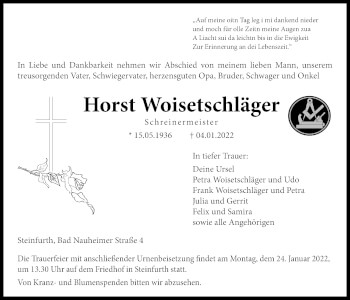 Traueranzeige von Horst Woisetschläger von Wetterauer Zeitung