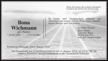 Traueranzeige von Ilona Wichmann von Wetterauer Zeitung