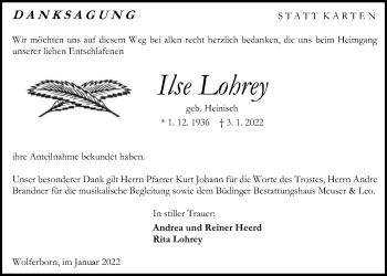 Traueranzeige von Ilse Lohrey von Kreis-Anzeiger