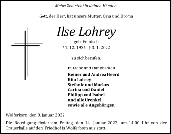 Traueranzeige von Ilse Lohrey von Kreis-Anzeiger