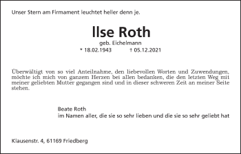 Traueranzeige von Ilse Roth von Wetterauer Zeitung