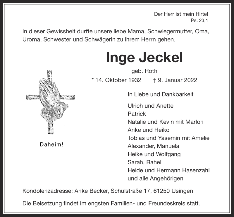  Traueranzeige für Inge Jeckel vom 13.01.2022 aus Usinger Anzeiger