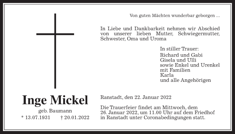  Traueranzeige für Inge Mickel vom 22.01.2022 aus Kreis-Anzeiger