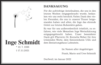 Traueranzeige von Inge Schmidt von Usinger Anzeiger