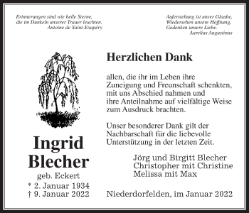 Traueranzeige von Ingrid Blecher von Bad Vilbel/Karben