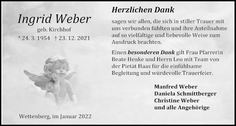  Traueranzeige für Ingrid Weber vom 29.01.2022 aus 
