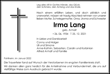 Traueranzeige von Irma Lang von Pohlheimer Nachrichten