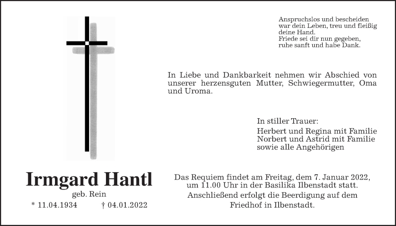  Traueranzeige für Irmgard Hantl vom 06.01.2022 aus Wetterauer Zeitung