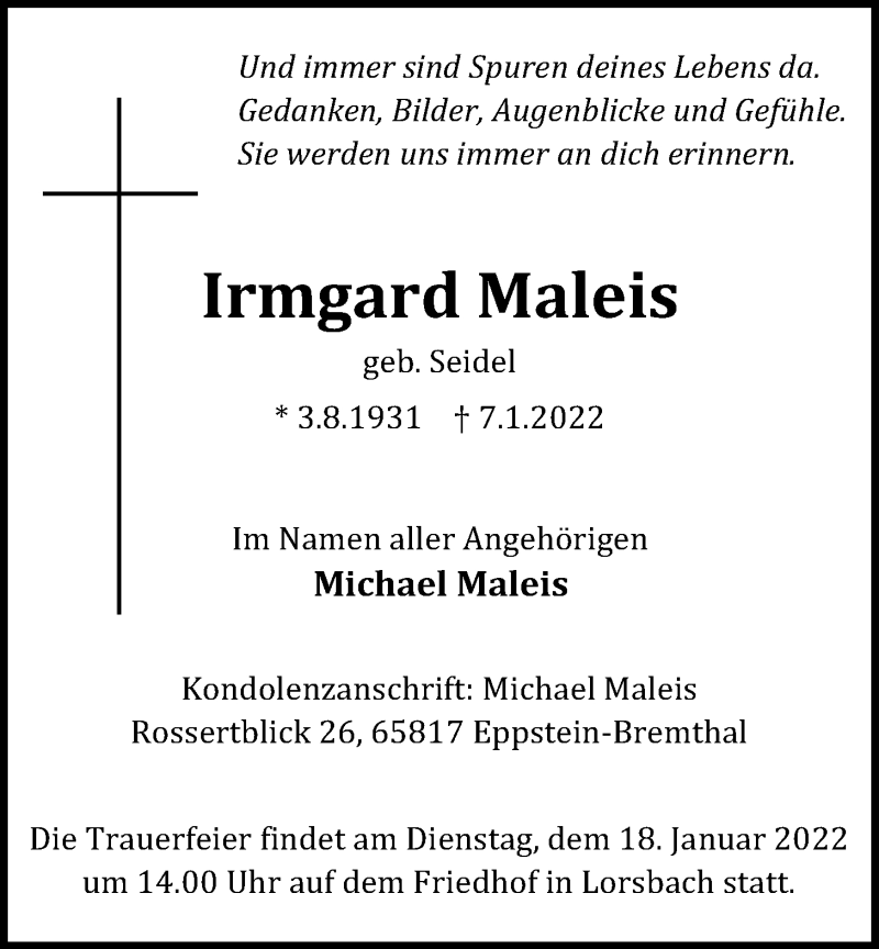  Traueranzeige für Irmgard Maleis vom 14.01.2022 aus 