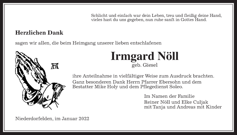  Traueranzeige für Irmgard Nöll vom 27.01.2022 aus Bad Vilbel/Karben