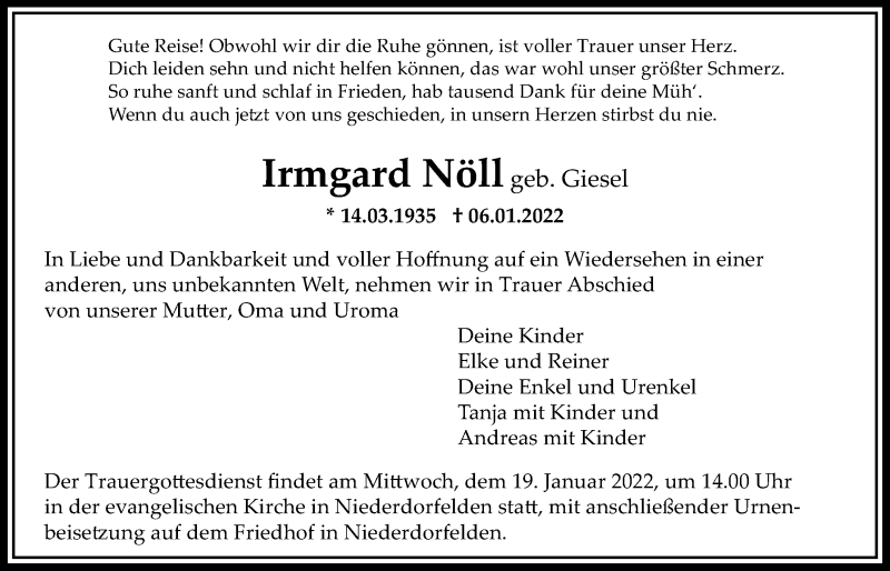  Traueranzeige für Irmgard Nöll vom 13.01.2022 aus Bad Vilbel/Karben