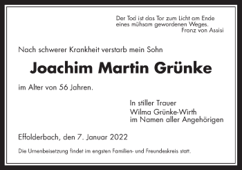 Traueranzeige von Joachim Martin Grünke von Kreis-Anzeiger