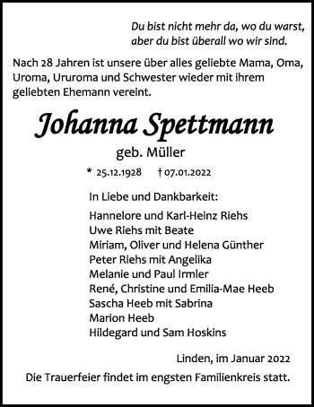 Traueranzeige von Johanna Spettmann von Giessener Anzeiger