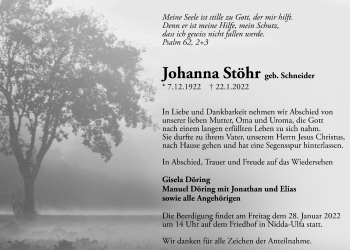 Traueranzeige von Johanna Stöhr von Kreis-Anzeiger