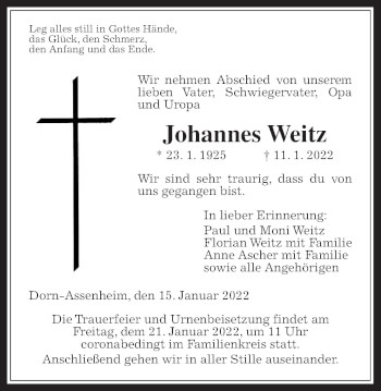 Traueranzeige von Johannes Weitz von Wetterauer Zeitung