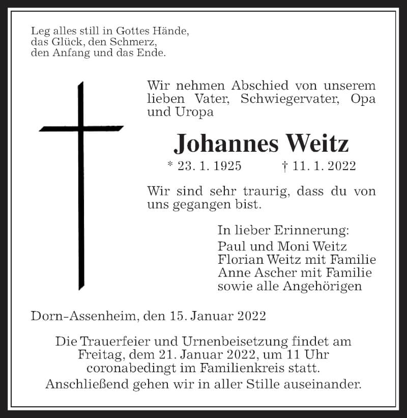  Traueranzeige für Johannes Weitz vom 15.01.2022 aus Wetterauer Zeitung