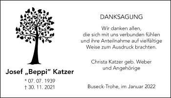Traueranzeige von Josef Katzer von Giessener Allgemeine, Alsfelder Allgemeine, Giessener Anzeiger