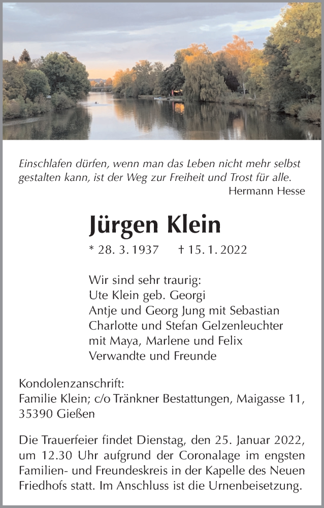  Traueranzeige für Jürgen Klein vom 22.01.2022 aus Giessener Allgemeine, Alsfelder Allgemeine, Giessener Anzeiger