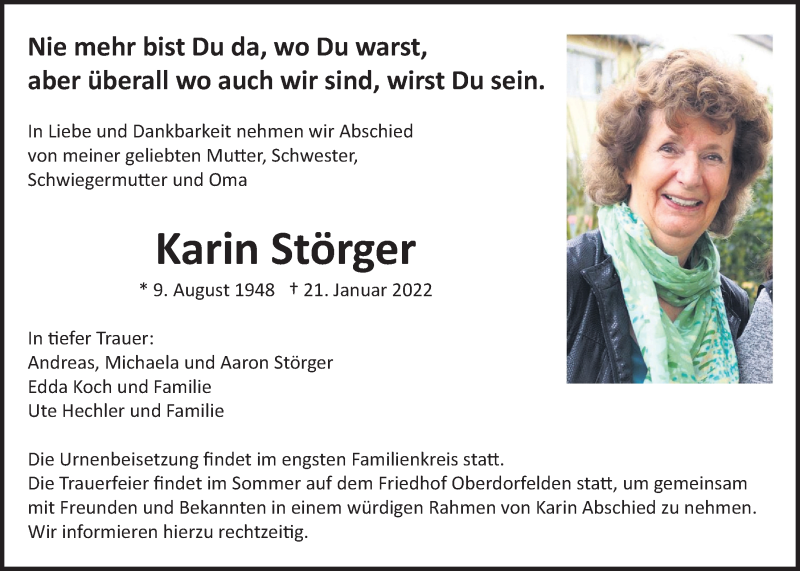  Traueranzeige für Karin Störger vom 27.01.2022 aus Bad Vilbel/Karben