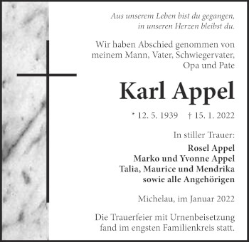 Traueranzeige von Karl Appel 
