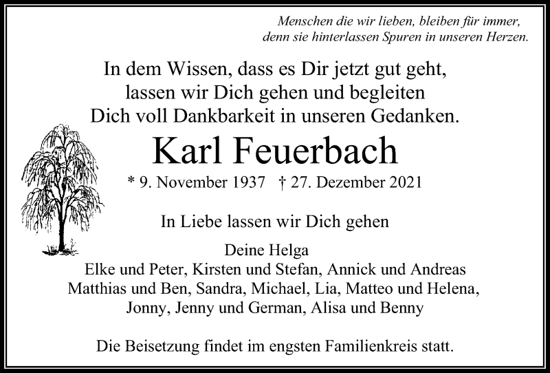  Traueranzeige für Karl Feuerbach vom 08.01.2022 aus 