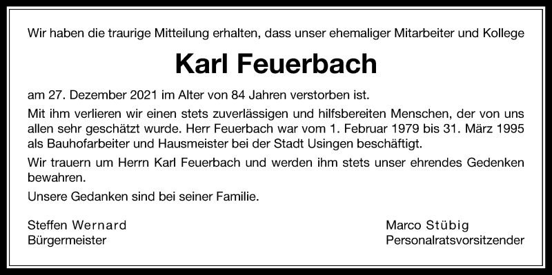  Traueranzeige für Karl Feuerbach vom 13.01.2022 aus Usinger Anzeiger
