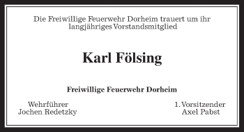 Traueranzeige von Karl Fölsing von Wetterauer Zeitung