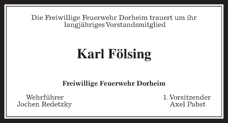  Traueranzeige für Karl Fölsing vom 08.01.2022 aus Wetterauer Zeitung