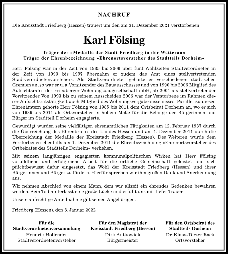 Traueranzeige für Karl Fölsing vom 08.01.2022 aus Wetterauer Zeitung